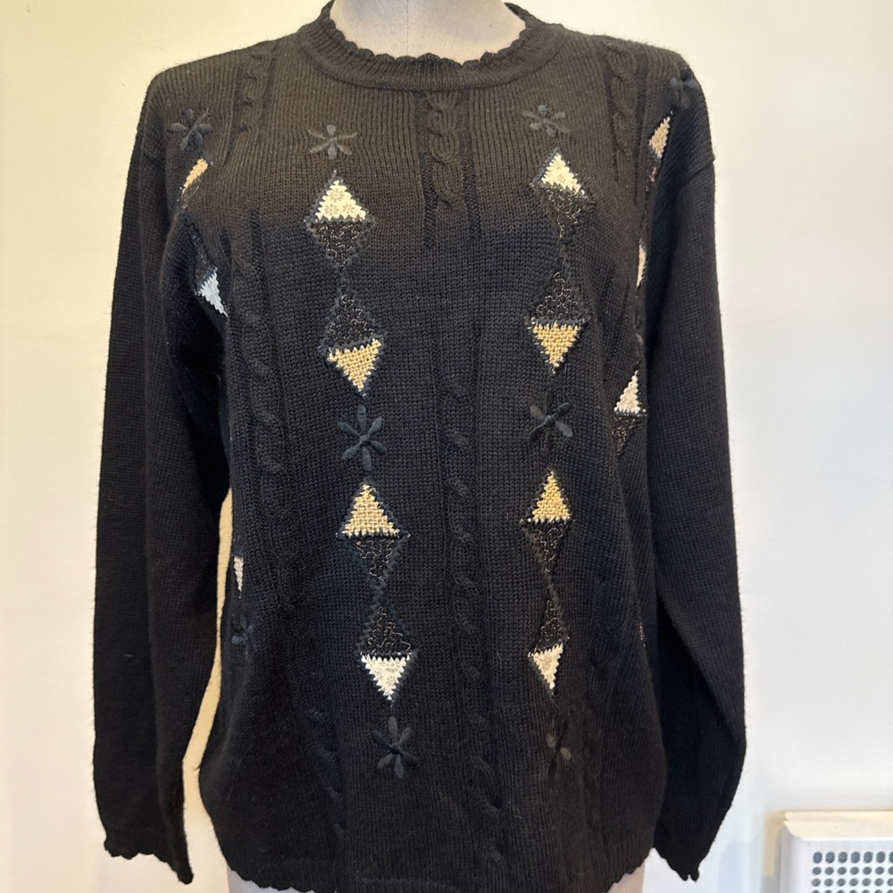 Marella Black Wool Blend Sweater, Argyle Pattern, No Size Tag, Fits Like Large